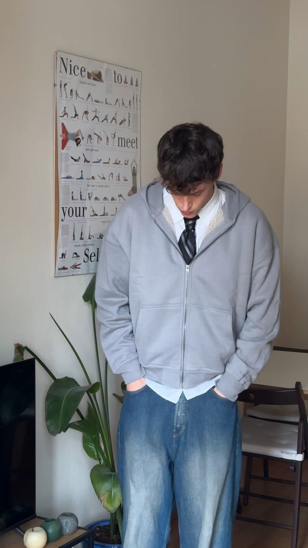 Boxy Faux Shearling-Lined Zip-Up Hoodie - Hoodie - smoked pearl faux wash4