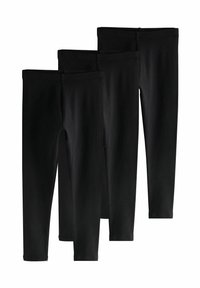 Schwarze Leggings, im Dreierpack, aus weichem Stretchstoff, mit einem glatten Bund und einer enganliegenden Passform, ohne Muster oder Verzierungen.