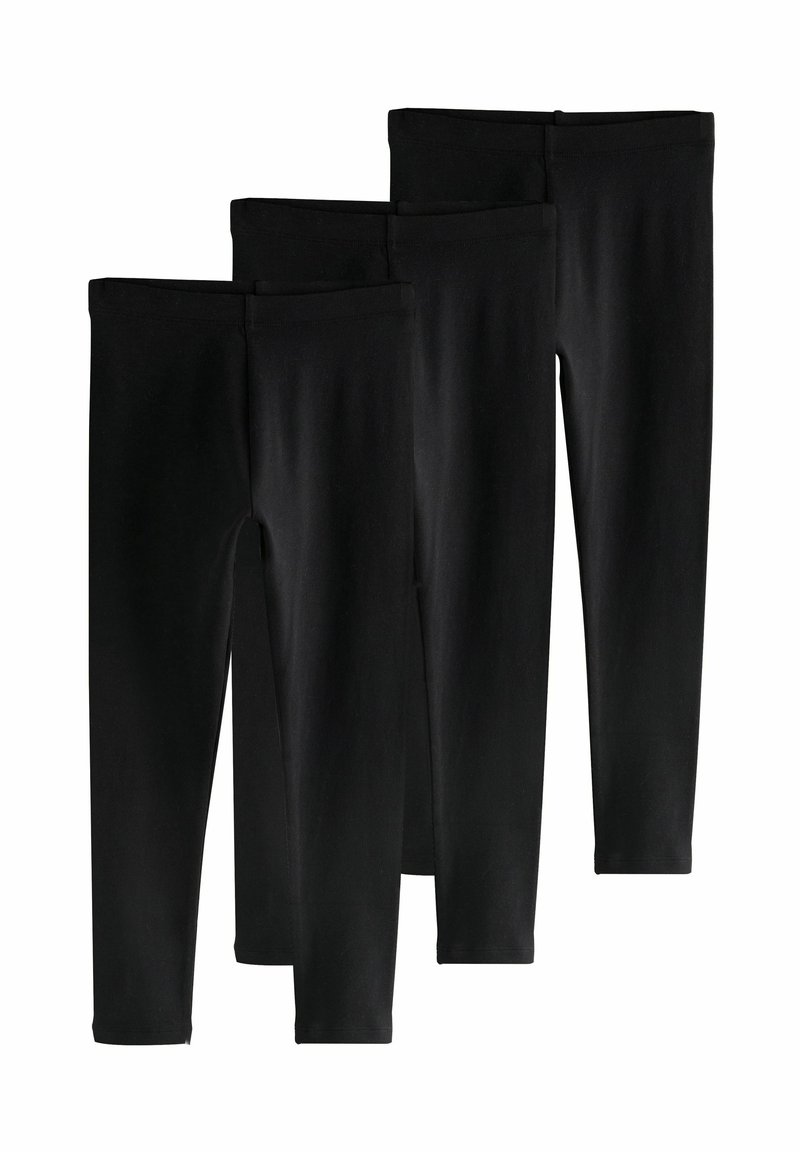 Schwarze Leggings, im Dreierpack, aus weichem Stretchstoff, mit einem glatten Bund und einer enganliegenden Passform, ohne Muster oder Verzierungen.