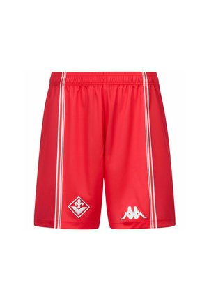 Pantaloncini sportivi rossi con strisce verticali bianche sui lati, vita elastica e due loghi bianchi vicino all'orlo davanti.