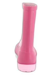 Roze rubberen regenlaars met een gladde oppervlak, hoge schacht en een lichte textuur aan de bovenkant. De zool is iets lichter roze met een ronde vorm.