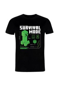 Czarna bawełniana koszulka z zieloną grafiką Minecraft Creeper, z napisem „SURVIVAL MODE” oraz dodatkowymi szczegółami związanymi z grą poniżej.