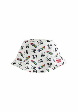 White bucket hat with colorful "Mickey Mouse" text and black-and-white Mickey Mouse face illustrations all over the fabric.
