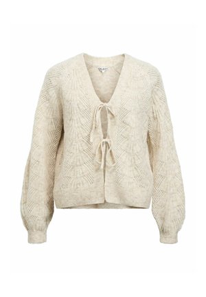 Beige knitted cardigan with long balloon sleeves, V-neck, textured geometric patterns, and two front tie closures.