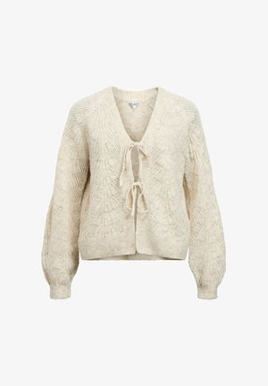 Beige gestrickte Strickjacke mit langen Ballonärmeln, V-Ausschnitt, strukturierten geometrischen Mustern und zwei vorderen Bindeschließen.