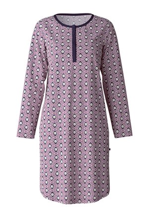 Tunika a maniche lunghe in un motivo viola, rosa e navy; presenta un collo rotondo con apertura a bottoni; realizzata in tessuto leggero.