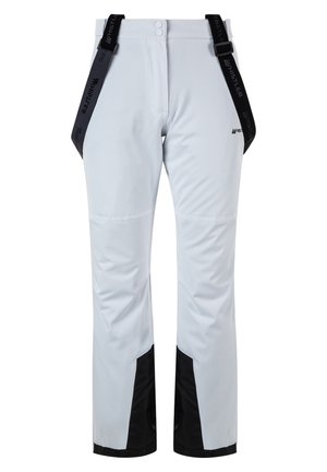 Pantaloni impermeabili bianchi con accenti neri, dotati di bretelle, texture liscia e design a gamba dritta, adatti per attività all'aperto.