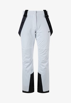 Weiße wasserdichte Hose mit schwarzen Akzenten, ausgestattet mit Trägern, einer glatten Textur und einem geraden Schnitt, geeignet für Outdoor-Aktivitäten.