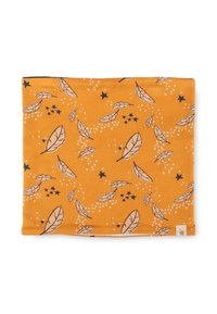 Orange fabric accessory featuring a pattern of light brown leaves and black stars, with white dots scattered across the surface.