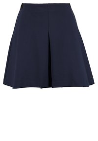 Gonna plissettata blu navy realizzata in tessuto morbido, con vita aderente e dettagli laterali sottili. L'orlo si trova sopra il ginocchio.