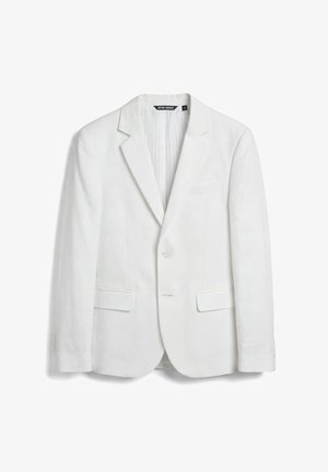 Blazer blanco de un solo botón con solapas con muesca, dos bolsillos delanteros con solapa, cierre de un botón y mangas largas.