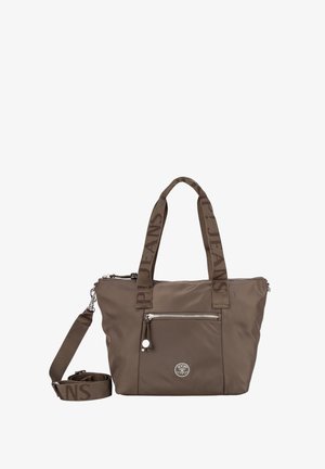 Sac fourre-tout en nylon marron avec double anses et bandoulière réglable, comportant une poche zippée à l'avant et un détail logo. Les sangles texturées affichent le nom de la marque.