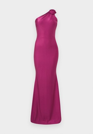 Fuchsia, one-shoulder evening gown in a smooth, shiny fabric. Features a floral knot detail on the shoulder and a fitted mermaid silhouette.