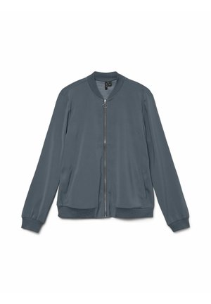 Šedá bomber bunda s předním zipem, žebrovaným límcem a manžetami, postranními kapsami a hladkým, lehkým materiálem.