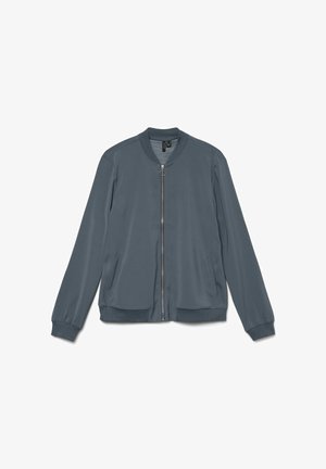Veste bomber grise avec fermeture éclair à l'avant, col et poignets côtelés, poches latérales et un tissu lisse et léger.