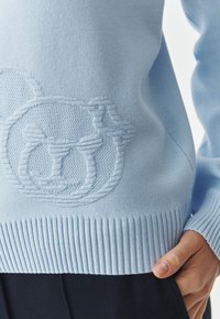 Pull en tricot bleu clair avec un design texturé et des poignets côtelés. Poche de rangement visible, avec des détails de motif subtils sur le devant.