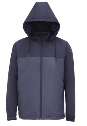 Marineblauwe jas met capuchon, volledige ritssluiting aan de voorkant en contrasterend lichterblauw paneel. Heeft elastische manchetten en zijzakken. Vlotte textuur.