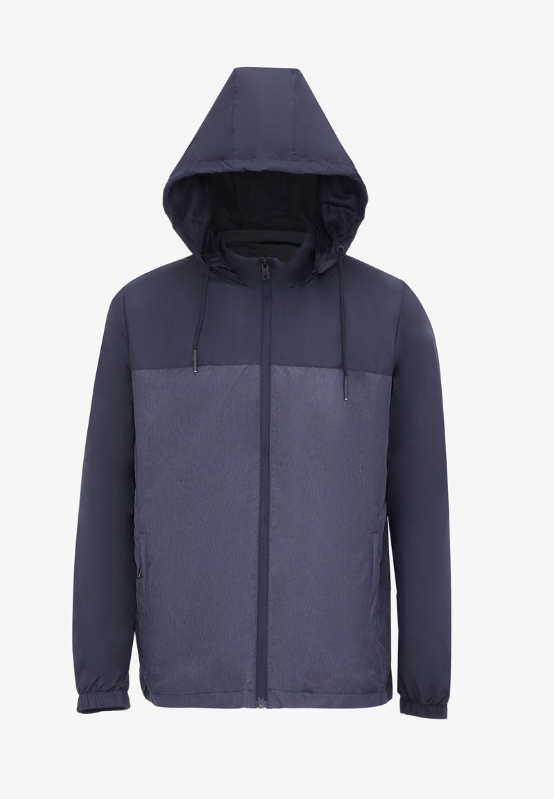 Mornarsko modra jakna s kapuco, polni zadrgami spredaj in kontrastnim svetlejšim modrim panelom. Ima elastične manšete in stranske žepke. Gladka tekstura.