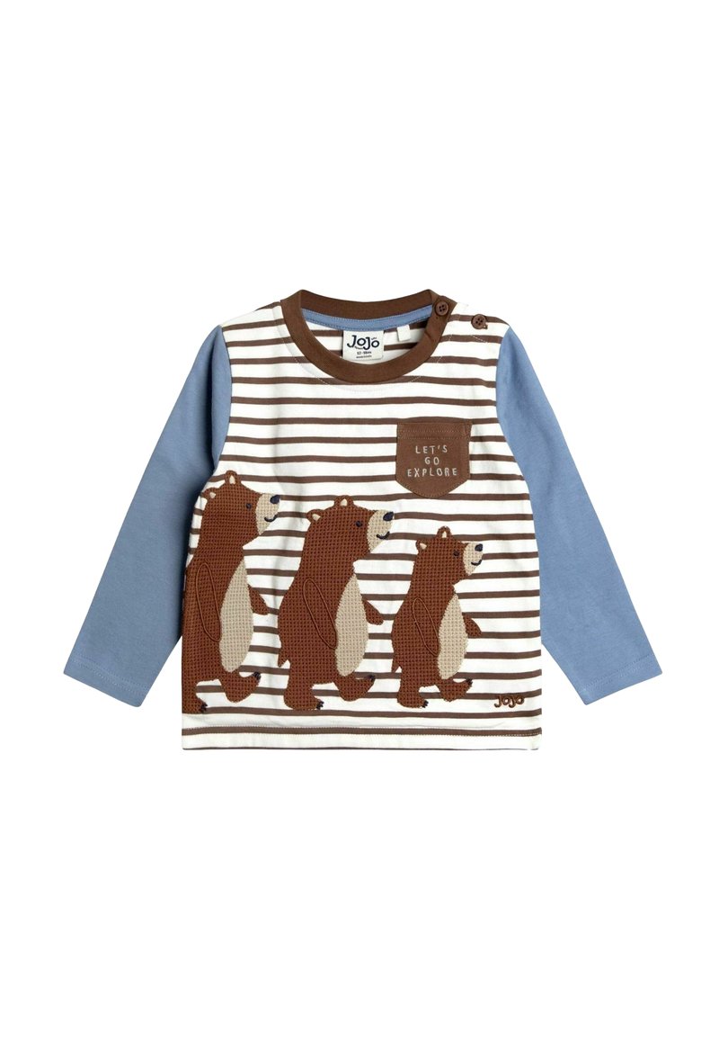 Cămașă cu mânecă lungă, cu o mânecă albastră și un corp cu dungi maro și alb, având trei grafice cu urși și un buzunar pe piept care spune "HAIDE SĂ EXPLORĂM."
