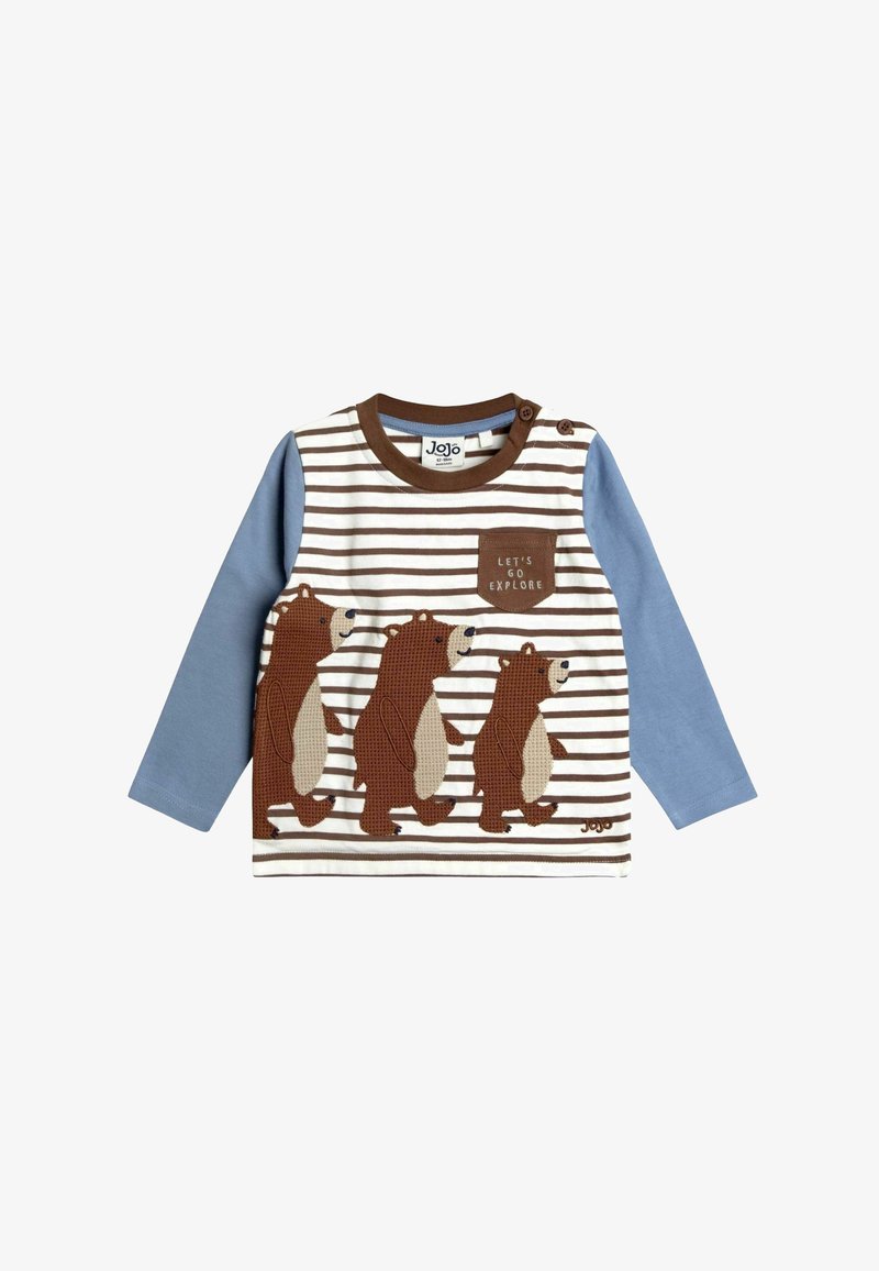 Cămașă cu mânecă lungă, cu o mânecă albastră și un corp cu dungi maro și alb, având trei grafice cu urși și un buzunar pe piept care spune "HAIDE SĂ EXPLORĂM."