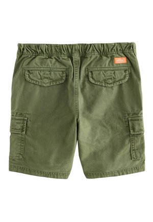 Oliivrohelised cargo lühikesed püksid elastse vöökohtaga, kahe seljatasku ja küljetaskuga. Valmistatud puuvillast, millel on sile tekstuur.