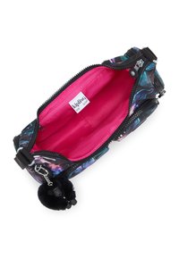 Black floral-patterned bag with a pink interior, featuring a zipper closure, dual side zippers, and a black pom-pom charm attached.