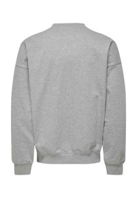 Gray sweatshirt featuring a ribbed crew neck, long sleeves with dropped shoulders, and ribbed cuffs at the hems. Soft fabric texture.