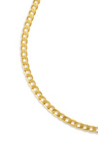 Gold-farbene Kettenhalskette mit ineinandergreifenden ovalen Gliedern, polierte Oberfläche, glatte Textur und gleichmäßige Breite über die gesamte Länge.