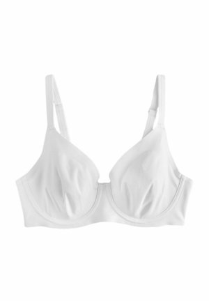 Witte beha met voorgevormde cups, verstelbare schouderbanden en soepel materiaal. Bevat naaddetails en een haak-en-oogsluiting aan de achterkant.