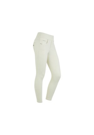 Leggings blancs taille haute en tissu extensible avec une texture lisse. Comprend des coutures décoratives et des poches à l'arrière.