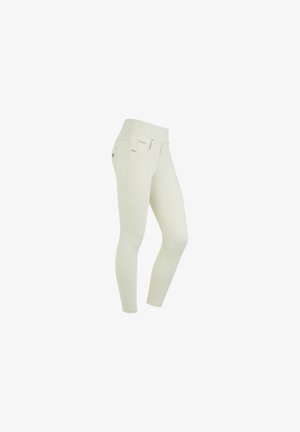 Leggings bianchi a vita alta realizzati in tessuto elasticizzato con una superficie liscia. Presentano cuciture decorative e tasche posteriori.