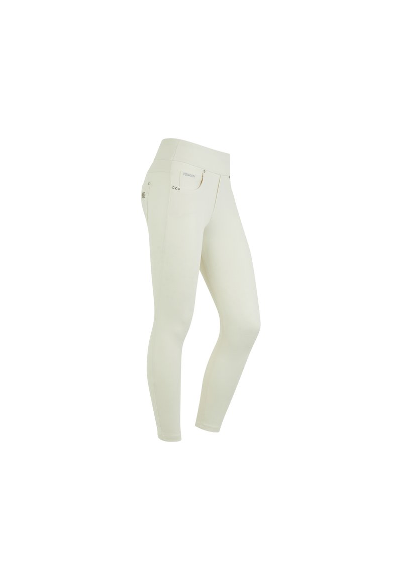 Leggings bianchi a vita alta realizzati in tessuto elasticizzato con una superficie liscia. Presentano cuciture decorative e tasche posteriori.