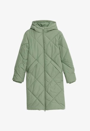 Quilted long coat in soft green fabric with a hood, featuring a front zipper closure and two side pockets. Diamond-shaped stitching pattern.