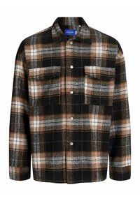 Plaid shirt featuring a blend of black, white, and brown colors. It has two chest pockets, a collared neck, and metallic snap buttons.