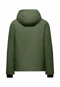 Jasnozielona kurtka puchowa z kapturem, z gładką fakturą, elastycznymi mankietami i prostym, estetycznym wzornictwem.