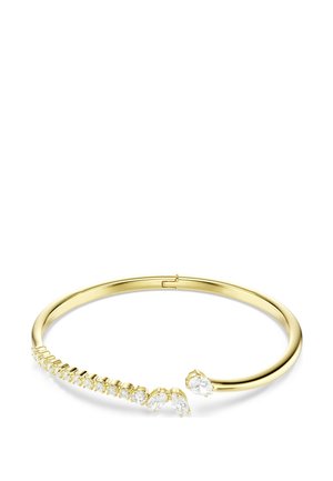 Gold open bangle bracelet with a row of small round and pear-shaped clear gemstones on one end.
