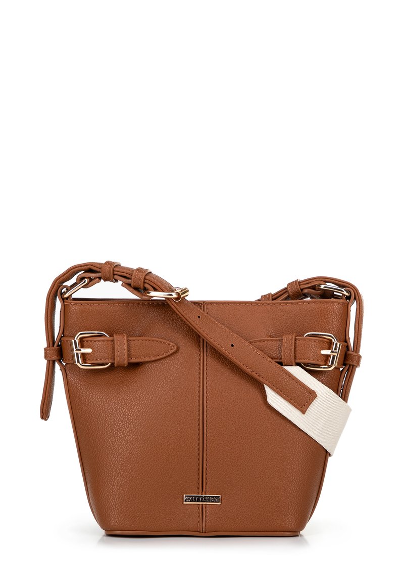 Sac à main en cuir marron avec une forme structurée. Doté de sangles réglables avec boucles et d'une finition texturée. Comprend une touche de couleur crème.