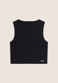 Top corto senza maniche nero realizzato in tessuto liscio e elasticizzato. Caratterizzato da scollatura rotonda e un piccolo logo all'orlo.