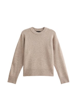 Pull en tricot beige avec un col rond, des poignets et un ourlet côtelés. La texture du tissu est douce avec un motif subtil. Conception à coupe décontractée.