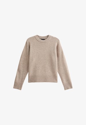 Pull en tricot beige avec un col rond, des poignets et un ourlet côtelés. La texture du tissu est douce avec un motif subtil. Conception à coupe décontractée.