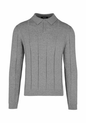 Szary długi sweter polo z długim rękawem wykonany z dzianiny, z trzema guzikami przy kołnierzu oraz pionowymi żebrowaniami na korpusie.