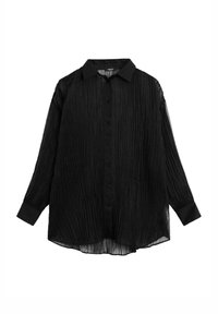 Black long-sleeve shirt with a textured, crinkled design, button-down front, and classic collar. Features cuffs at sleeve ends.