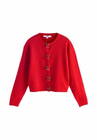 Roter gestrickter Cardigan mit rundem Ausschnitt, langen Ärmeln und dekorativen Kirschförmigen Verschlüssen mit grünen Akzenten.