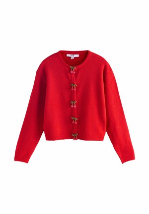 Red knitted cardigan featuring a round neckline, long sleeves, and decorative cherry-shaped closures with green accents.