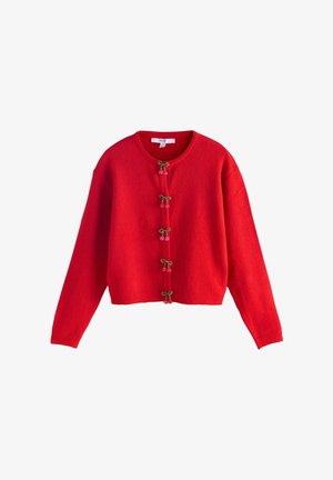Red knitted cardigan featuring a round neckline, long sleeves, and decorative cherry-shaped closures with green accents.