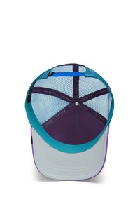Trucker hat with a turquoise mesh top, purple underside, and gray brim. Features blue adjustable strap and inner band with “THE FARM” text.