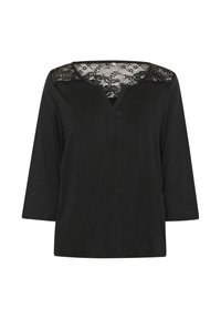 Chemise noire à col en V avec des manches en dentelle 3/4, présentant un tissu texturé et un accent en dentelle sur les épaules. Détail de boutons à l'avant.