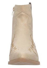 Botín de ante beige hasta el tobillo con una superficie texturizada, costuras decorativas, puntera afilada y cremallera lateral para un fácil calzado.