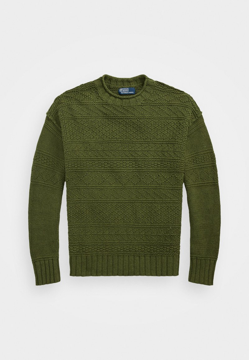 Maslina zeleni pleteni pulover s teksturiranim horizontalnim prugama, rebrastim ovratnikom, manžetama i rubom. Izrađen od toplog, gustog materijala.