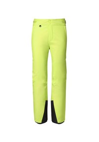 Neon-gelbe Skihosen mit einer glatten Textur, die zwei Knöpfe an der Taille und schwarze Akzente an den Bündchen für verbesserte Sichtbarkeit aufweisen.